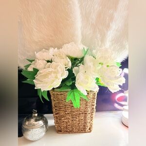 White Faux Peonies Floral in Woven Basket